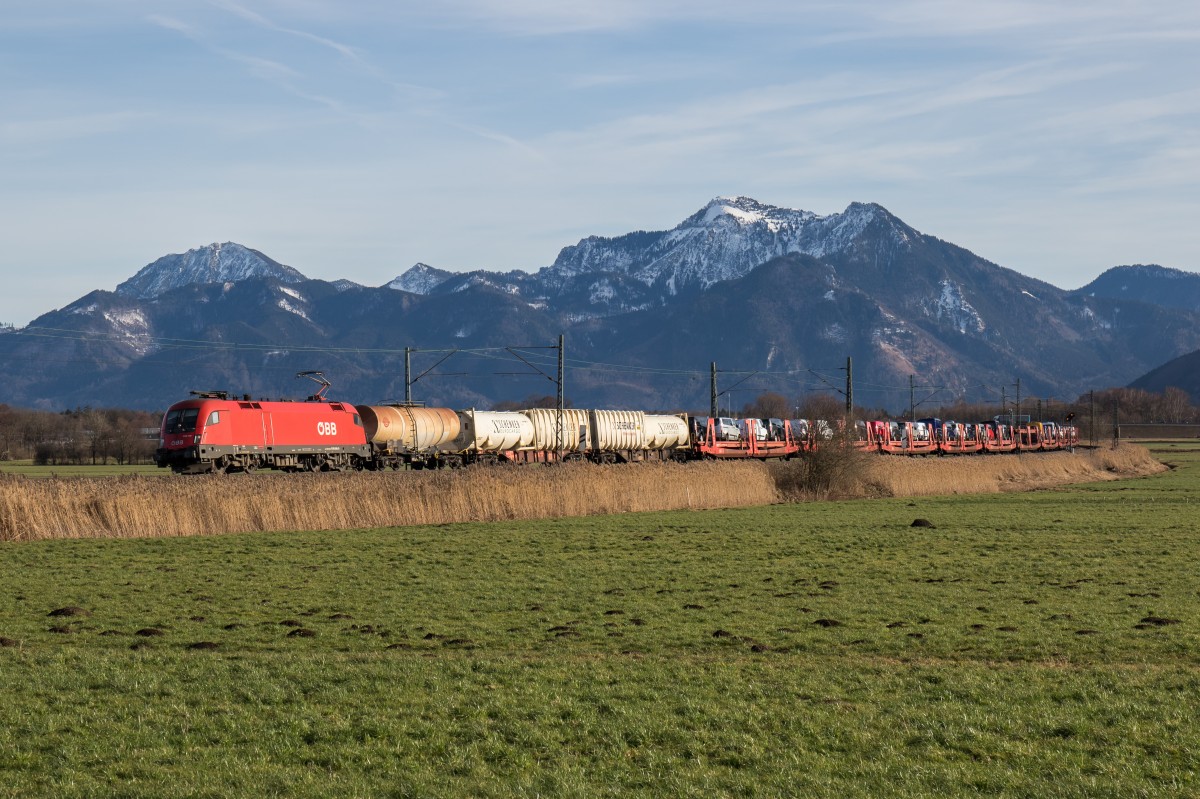 1016 046-5 mit einem gemischten G�terzug aus Salzburg kommend bei Bernau am Chiemsee.
