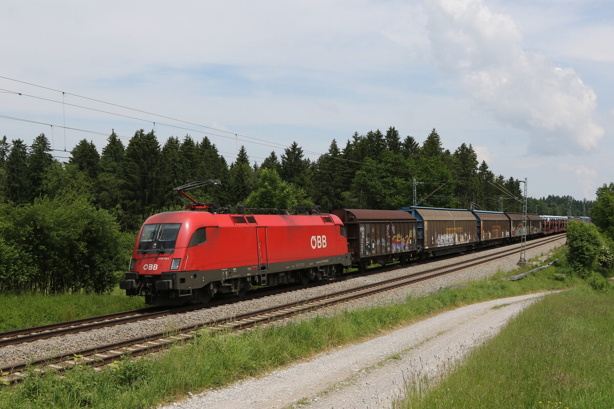 1116 041 mit einem gemischten G�terzug aus Salzburg kommend am 8. Juni 2021 bei Grabenst�tt im Chiemgau.