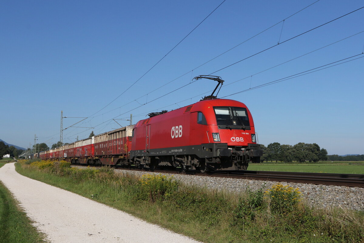 1116 094 mit einem Containerzug aus Rosenheim kommend am 24. August 20222 bei �bersee am Chiemsee.
