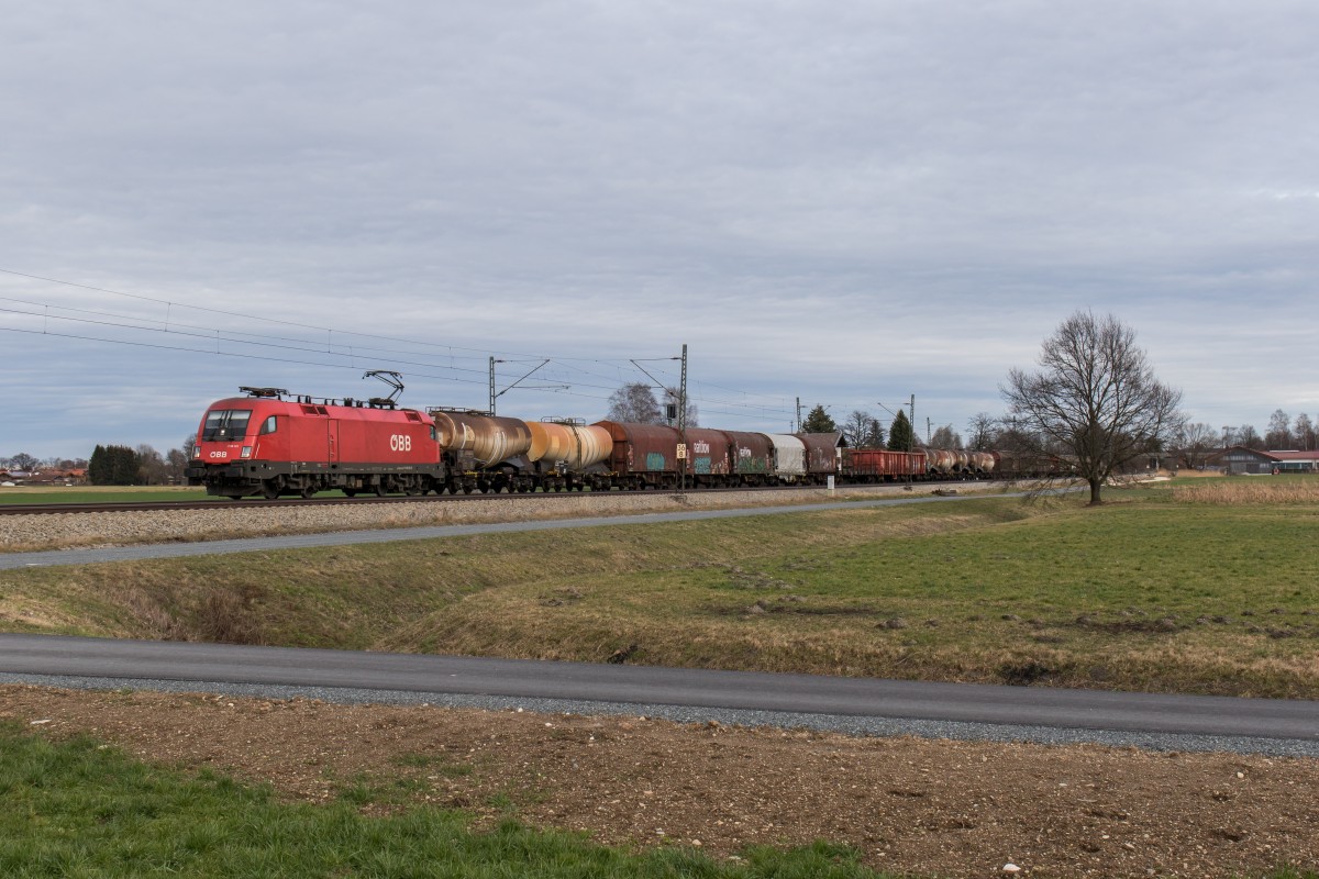 1116 121-5 mit einem gemischten G�terzug aus Salzburg kommend am 9. Februar 2016 bei �bersee.