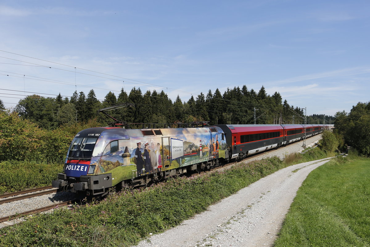 1116 157  Gemeinsam Sicher  schiebt am 9. September 2018 bei Grabenst�tt einen Railjet in Richtung Salzburg.