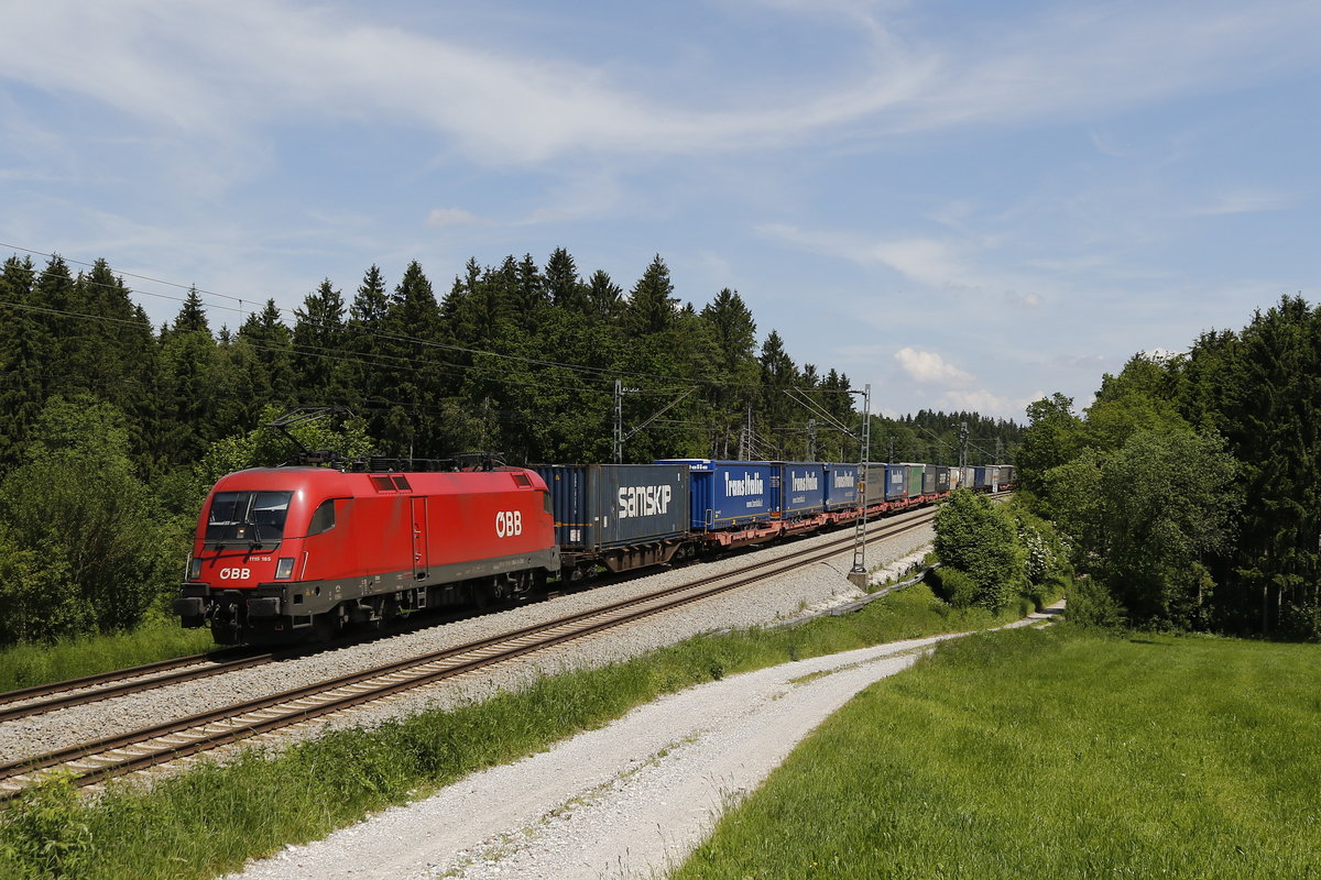1116 185 war am 2. Juni 2019 bei Grabenst�tt mit dem �ber 380 Minuten vesp�teten 41848 von Th�rl-Maglern nach Krefeld unterwegs.