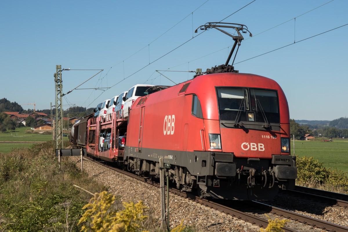 1116 194-2 mit einem gemischten G�terzug aus M�nchen kommend am 1. Oktober 2015 bei Bernau am Chiemsee.
