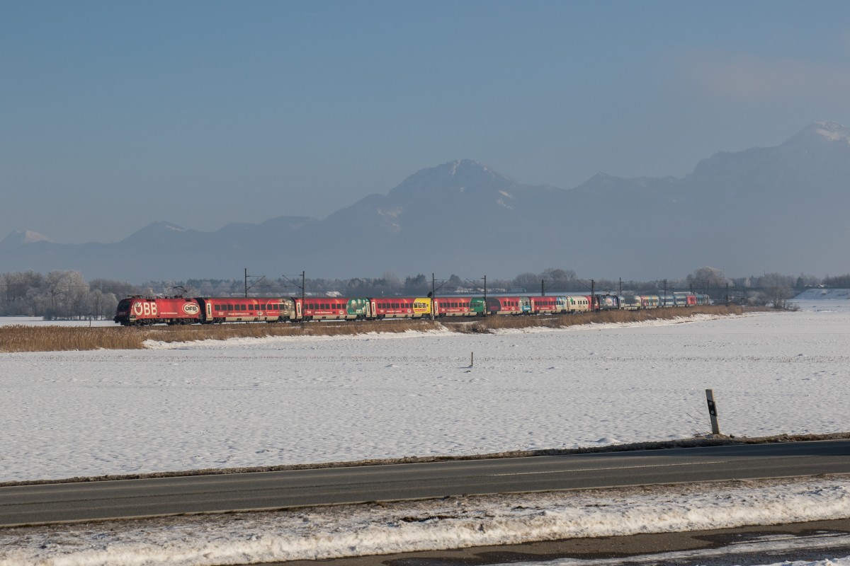 1116 225 mit dem  �FB-Railjet  und dem  Red Bull Fahion Railjet  am 22. Januar 2015 bei Bernau am Chiemsee.