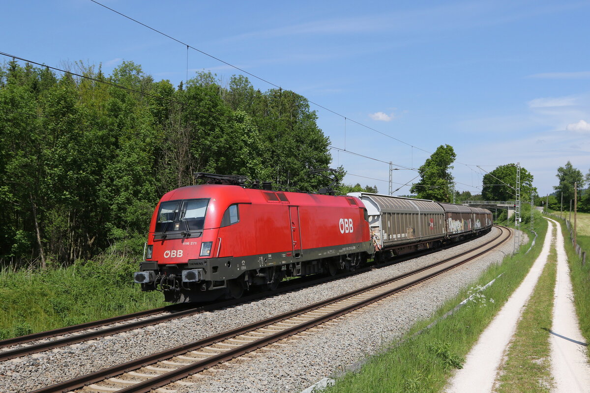 1116 271 mit einem gemischten G�terzug am 2. Juni 2021 bei Grabenst�tt.