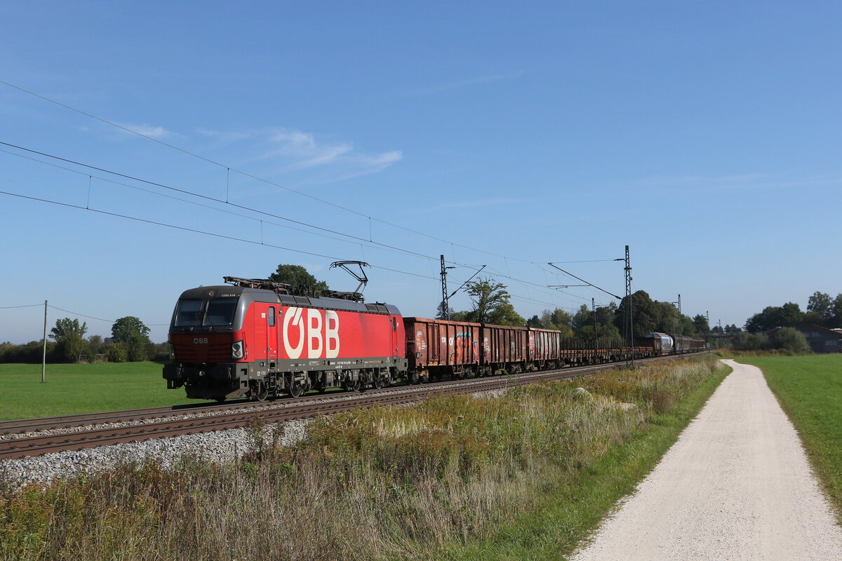 1293 015 mit einem gemischten G�terzug aus Salzburg kommend am 11. Oktober 2021 bei �bersee am Chiemsee.