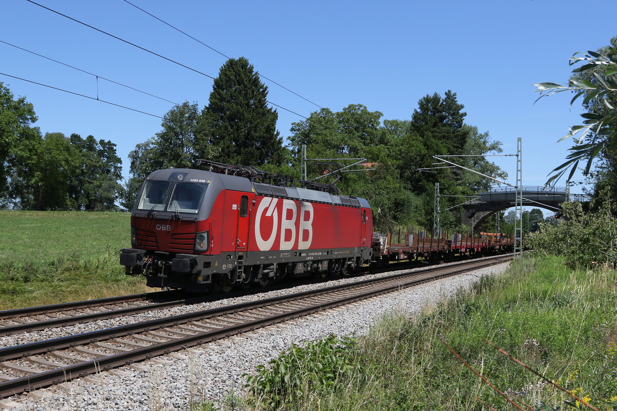 1293 039 mit einem gemischten G�terzug am 15. Juli 2023 bei �bersee am Chiemsee.