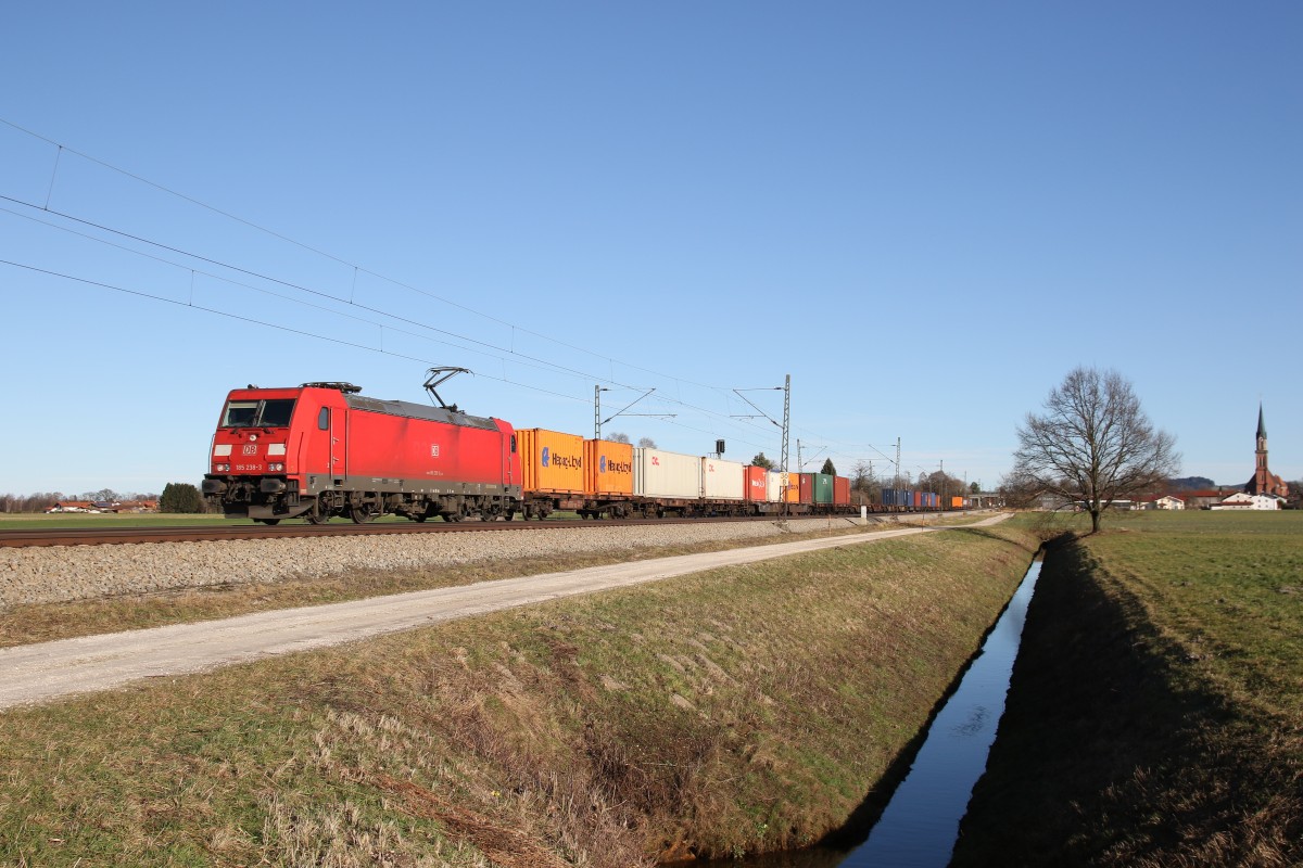 185 238-3 mit einem Containerzug am 10. Januar 2015 bei �bersee am Chiemsee.
