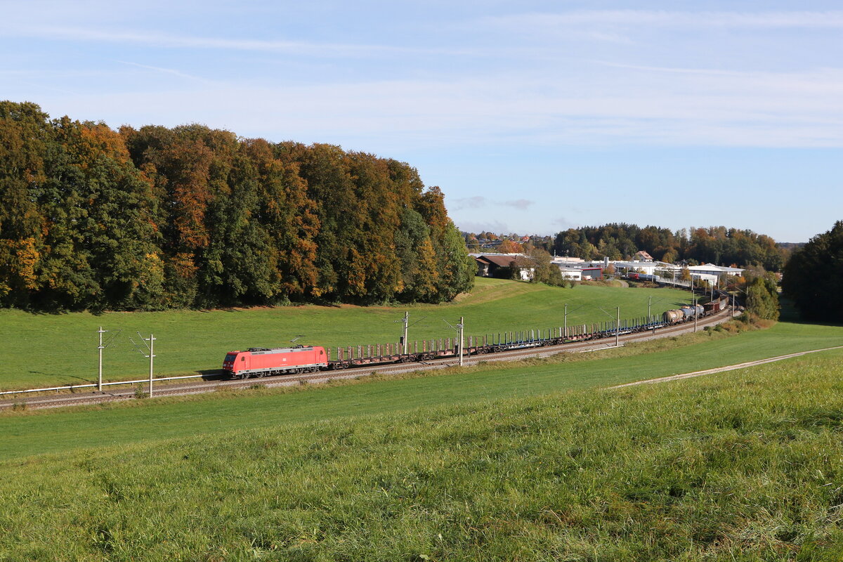 185 274 war am 12. Oktober 2024 mit einem gemischten G�terzug bei Axdorf in Richtung M�nchen unterwegs.