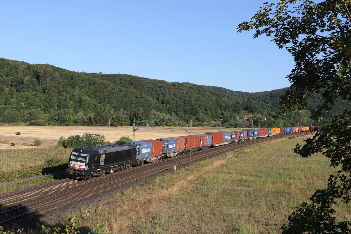 193 873 von  MRCE  mit einem Containerzug aus Gem�nden kommend am 6. August 2022 bei Harrbach.