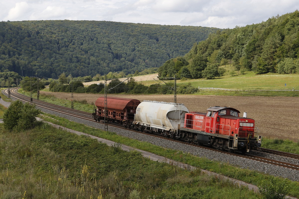 294 816-4 mit einem sehr kurzen G�terzug aus Gem�nden kommend am 18. August 2017 bei Harrbach.