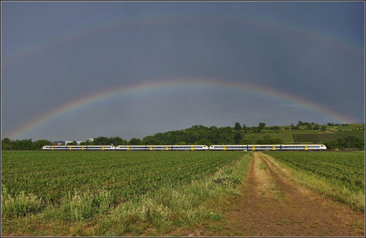 463 018 + 463 007 + 463 005 mit doppeltem Regenbogen bei Buggingen. Juni 2022.
