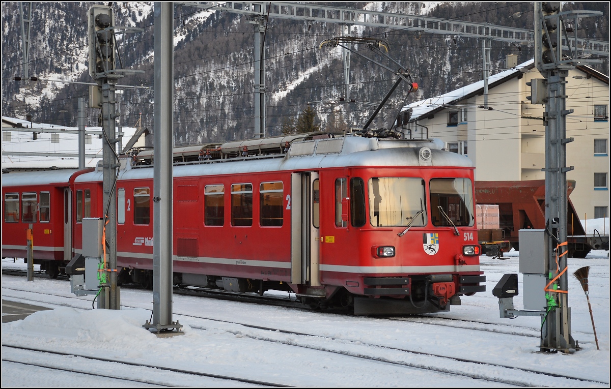 Be 4/4 514 der RhB in Samedan. Januar 2020.