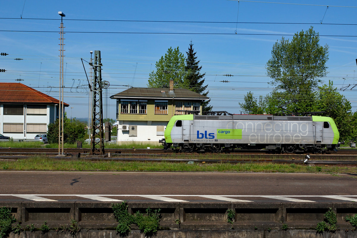 BLS CARCO LOKOMOTIVEN in Deutschland: Re 485 014-5 auf Rangierfahrt in Weil am Rhein am 6. Mai 2016.
Foto: Walter Ruetsch