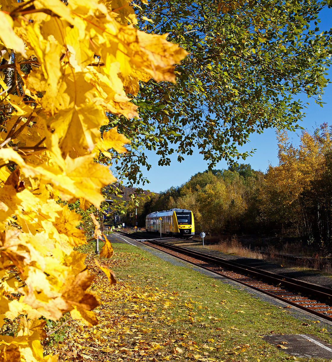 Herbstzeit oder Indian Summer in Herdorf.....
Der VT 507 (95 80 1648 107-8 D-HEB / 95 80 1648 607-7 D-HEB) der HLB (Hessische Landesbahn GmbH), ein Alstom Coradia LINT 41 der neuen Generation, am 24.10.2021 beim Halt im Bahnhof Herdorf. Er fährt als RB 96  Hellertalbahn  die Verbindung Betzdorf - Herdorf - Neunkirchen - Haiger - Dillenburg (Umlauf 61779).

