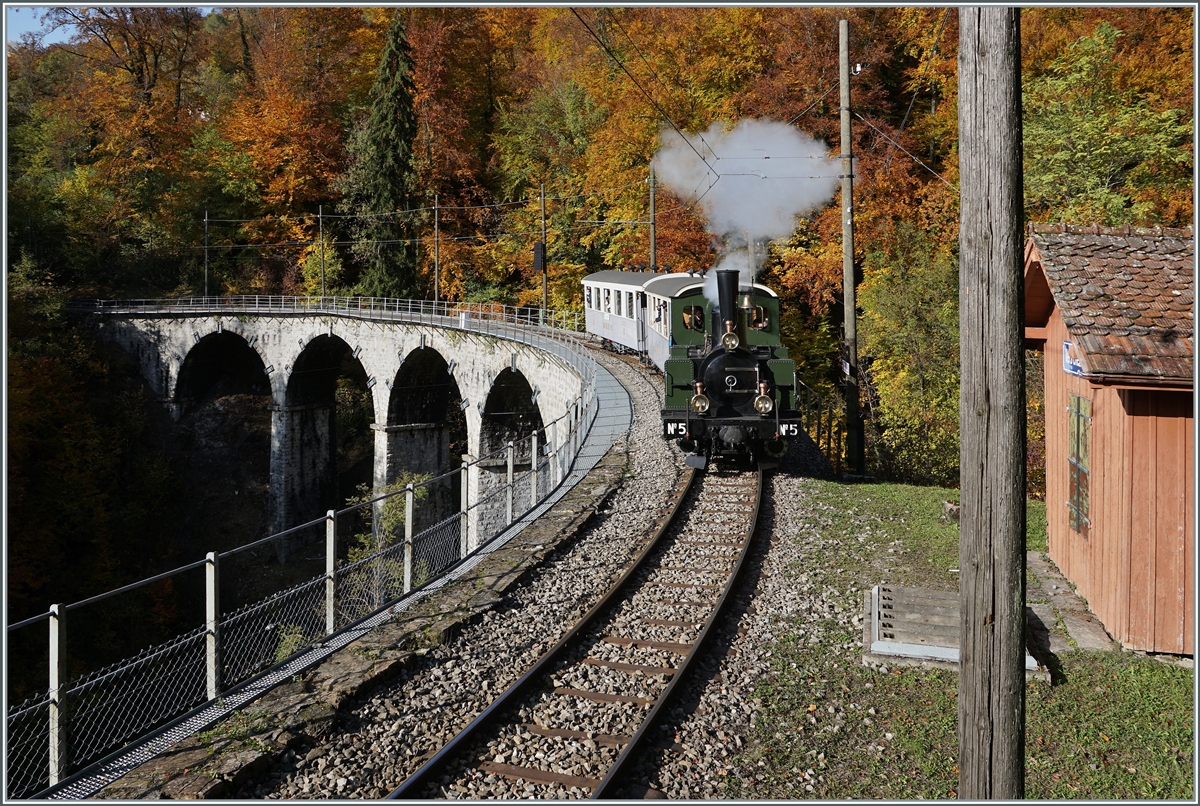  LA DER 2020 du Blonay-Chamby  / Saison Abschluss der Blonay-Chamby Bahn: Mit einem verstärkten Fahrplan und viel Dampf wird vor dem  Winterschlaf  (bzw. Arbeit im Dépôt Chaulin) nochmals viel Betrieb gemacht. Die LEB G 3/3 N° 5 (Baujahr 1890) erreicht mit ihrem Personenzug von Blonay nach Chaulin Vers-chez-Robert. 

24. Okt. 2020