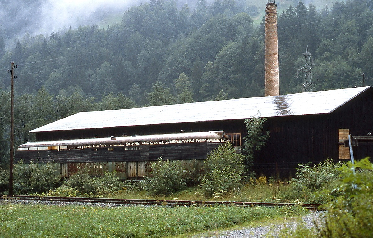 Nach der Elektrifizierung wurde neben den MThB-ABDm 2/4 Nr. 7 und 8 auch der ABDm 2/4 Nr. 9 an die Montafonerbahn verkauft, ohne allerdings umgebaut zu werden. Hier steht er vom Buschwerk fast versteckt im August 1982 in einem ziemlich schlechten Zustand, aber noch mit  MThB -Beschriftung, abgestellt in der N�he von Kaltenbrunnen.