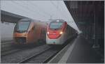 Bahnfotografie im Winterhalbjahr bei  schönem  Hochdruckwetter hat öfters seine Tücken: entweder ist es neblig wie hier, oder das Tal durch welches die Bahn fährt, liegt im Schatten... Im nebligen Arth-Goldau wartet der SOB RABe 526 227 als IR 2010 (Voralpenexpress) auf die Abfahrt nach Luzern und der SBB Giruno RABe 501 022  Waadt / Vaud  als IC 21 10663 auf die Reise über die Gotthard Panorama Strecke nach Lugano.

21. Januar 2025 