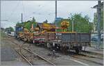 Die MOB Gm 4/4 2004  Albeuve  wartet mit einigen Dienst-Güterwagen in Bloany auf die Abfahrt nach Chamby.