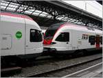Ein RER RABe 523 und ein TILO 524 bilden vereint einen S-Bahn Zug in Lausanne.