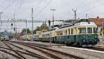 Der BDe 4/4 II 201  Burgdorf  des Vereins Pendelzug Mirage (VPM) fährt am 11.10.2025 mit dem Bierzug aus dem Bahnhof Murten aus. Am 14.09.1966 wurde er als als BDe 4/4 82 an die Südostbahn geliefert. Diese Sonderfahrt der Bier Arena Murten startete in Murten und führte über Payerne, Yverdon, Neuchatel und Lyss zurück zum Ausgangspunkt.