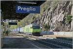 Mit der BLS Re 465 003 und einer BLS Re 475 an der Spitze fährt ein langer Güterzug durch die Station Preglia. 

31. Okt. 2024