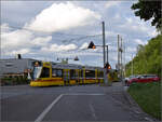 Birsigtalbahn.

BLT Tango Be 4/10 165 in Fl�h. Mai 2024. Fl�h wurde ein Jahr nach Betriebsbeginn im Jahr 1888 erreicht. Erst 1910 wurde �ber das Elsass die Strecke nach Rodersdorf weitergef�hrt mit der Bedingung, dass in Leimen (heute Leymen) ein Bahnhof gebaut werde. Es gab sogar Planungen, die Bahn weiter bis nach Belfort zu bauen. Dazu w�re vermutlich ein L�ckenschluss zwischen Rodersdorf und R�ch�sy bei Pfetterhouse notwendig gewesen. Das h�tte wohl die verschiedenen Linien bis Basel verbunden. Allerdings war wohl die grosse Zeit des Eisenbahnbau vorbei. 