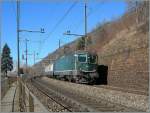 Die BLS Re 4/4 503 (ex SBB RE 4/4 II 11119) kurz vor Ankunft in Lalden mit einem ebenso bunten, wie langen RE von Bern oder Spiez (?) nach Brig am 8.