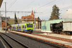 Die ehemalige VHB (Vereinigte Huttwil-Bahnen) / Strecke der urspr�nglichen LHB(Langenthal-Huttwil-Bahn) / heute BLS S-Bahn Luzern S6 und S7: Huttwil, am 26.Februar 2017.