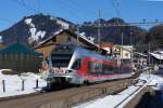 SOB: FLIRT RABe 526 046-8 als S 31 in Sattel-Aegeri am 26, Februar 2015.
