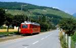 Kurz vor dem Bahnhof Bex ist BDeh 2/4 25 der BVB (Chemins de fer Bex-Villars-Bretaye, seit 1999 Transports Public du Chablais/TPC) im Juli 1983 unterwegs, das einzige Mal, dass ich einen