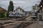 Die beiden kurzen ABe 4/8 32 und ABe 4/8 35 sind Schöftland abgestellt, während am Bahnsteig der lange ABe 4/8 33 wartet am Bahnsteig auf die Abfahrt. August 2024.

Die Triebzüge wurden 1992 an die WSB und 1993 an die BD geliefert. Da die Züge der kurvenreichen BD im Jahr 2008-11 durch neue Triebzüge der Bauart Diamant von Stadler ergänzt wurden, kamen sie zur WSB, wo sie mit dortigen längeren Zügen gleicher Bauart neu kombiniert wurden. Links stehen die neu kombinierten Züge im Design A-Welle. Rechts steht mit ABe 4/8 33 der einzige Zug aus zwei langen Triebwagen. Vom Design sehen die Züge erstaunlich modern aus, so dass ihr Alter von 31 Jahren nicht vermuten würde. 

Die baugleichen RBS-Triebzüge laufen heute auch nicht mehr unverändert, sondern haben einen Mittelwagen bekommen, einige von Beginn an. Nach der Revision laufen die Züge unter dem Namen Seconda und unterscheiden sich durch den zusätzlichen Mittelwagen von den WSB-Zügen.